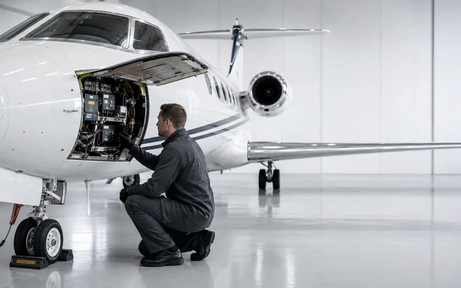 Technician inspecting avionics components through an open aircraft access panel